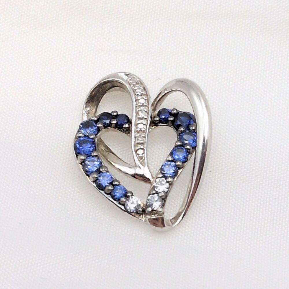 Vintage Sterling Silver 925 Diamond Sapphire Blue Topaz Heart Pendant .77" 1.86g